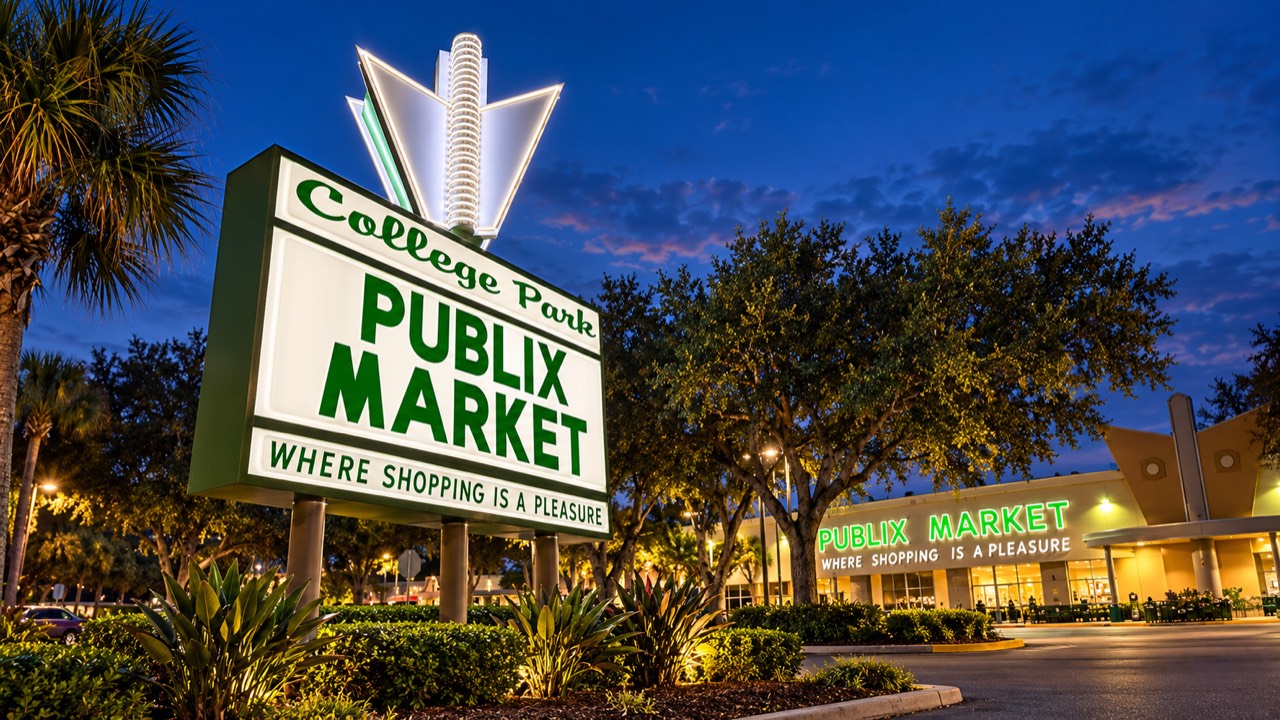 Illuminated College Park Publix Market sign and storefront at dusk in Orlando, Florida.