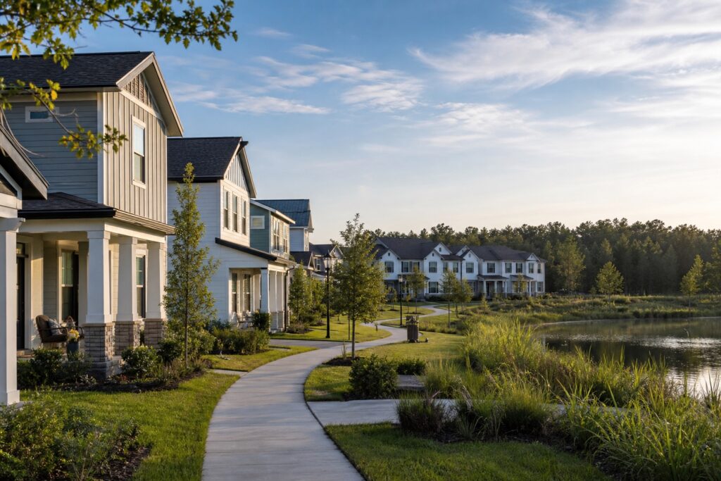 Moving to Horizon West FL guide with newer homes, a neighborhood path, lake and greenbelt