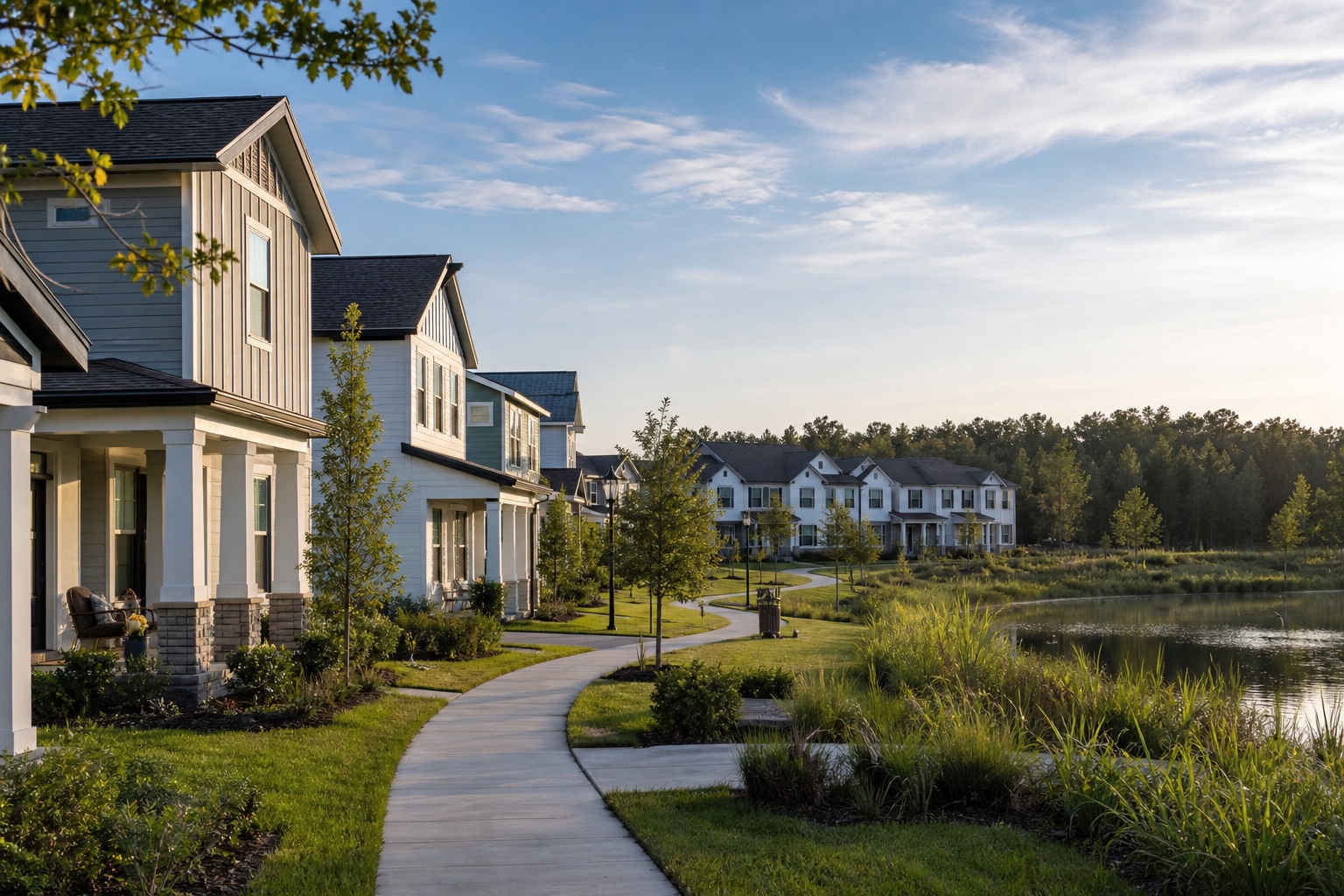 Moving to Horizon West FL guide with newer homes, a neighborhood path, lake and greenbelt