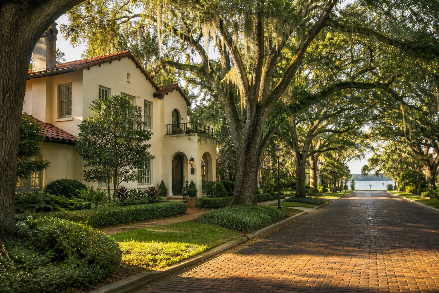 Moving to Winter Park FL guide featuring a historic-style home on a brick street near a lake