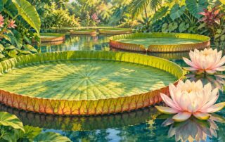 Giant circular lily pads on a calm pond with pink water lilies and tropical plants surrounding them.