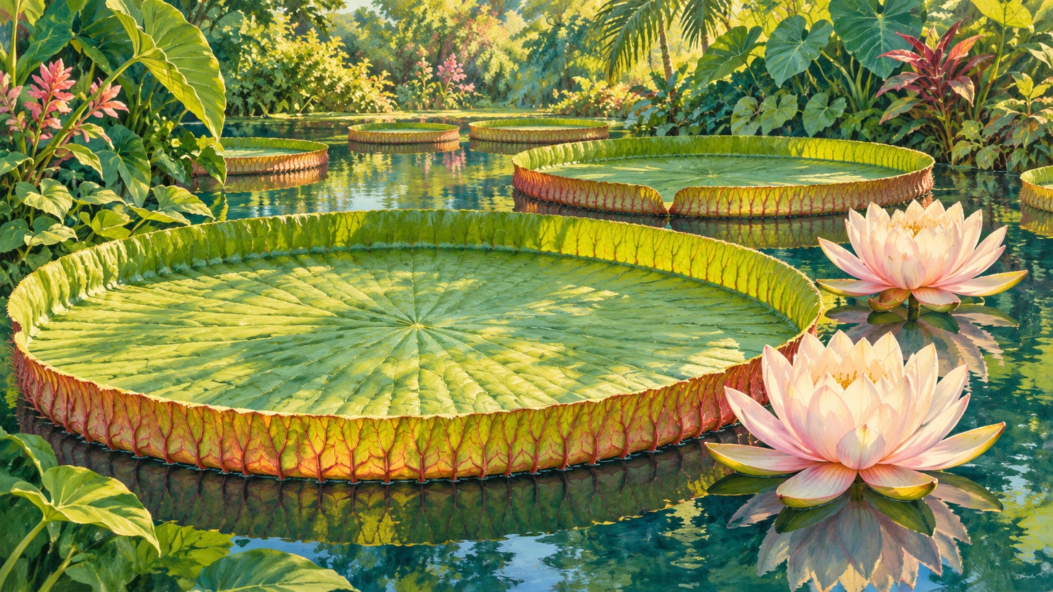 Giant circular lily pads on a calm pond with pink water lilies and tropical plants surrounding them.