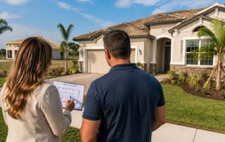 Buying New Construction in Orlando in 2026 | Luxury Orlando Homes for Sale | Daniel Wilson Remax Orlando Real Estate Expert Couple standing outside a modern house, one showing blueprints on a clipboard, while surveying a property under construction on a sunny day
