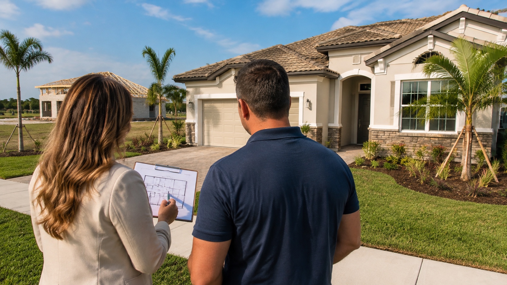 Buying New Construction in Orlando in 2026 | Luxury Orlando Homes for Sale | Daniel Wilson Remax Orlando Real Estate Expert Couple standing outside a modern house, one showing blueprints on a clipboard, while surveying a property under construction on a sunny day