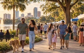 Free Things to Do in Orlando This Fall 2026 | Luxury Orlando Homes for Sale | Daniel Wilson Remax Orlando Real Estate Expert Illustrative Central Florida community market with families walking beside a lake
