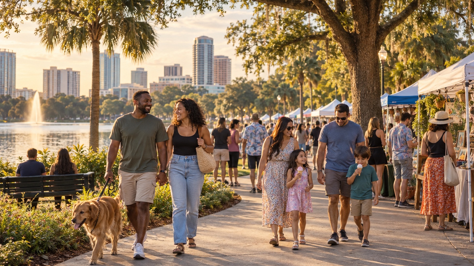 Illustrative Central Florida community market with families walking beside a lake