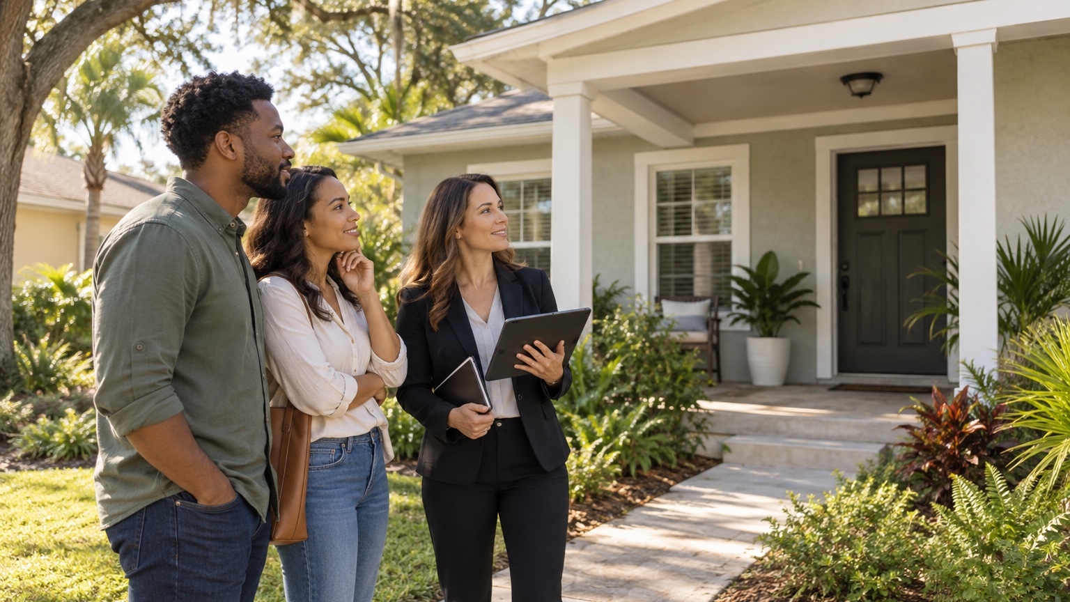 Orlando first-time home buyers viewing an attainable Florida home with a real estate agent