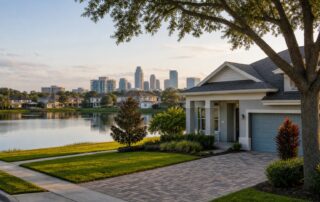 Orlando Housing Market 2026 – Buyer and Seller Guide | Luxury Orlando Homes for Sale | Daniel Wilson Remax Orlando Real Estate Expert Suburban house with a blue garage door beside a calm lake and a distant city skyline on the horizon at golden hour.