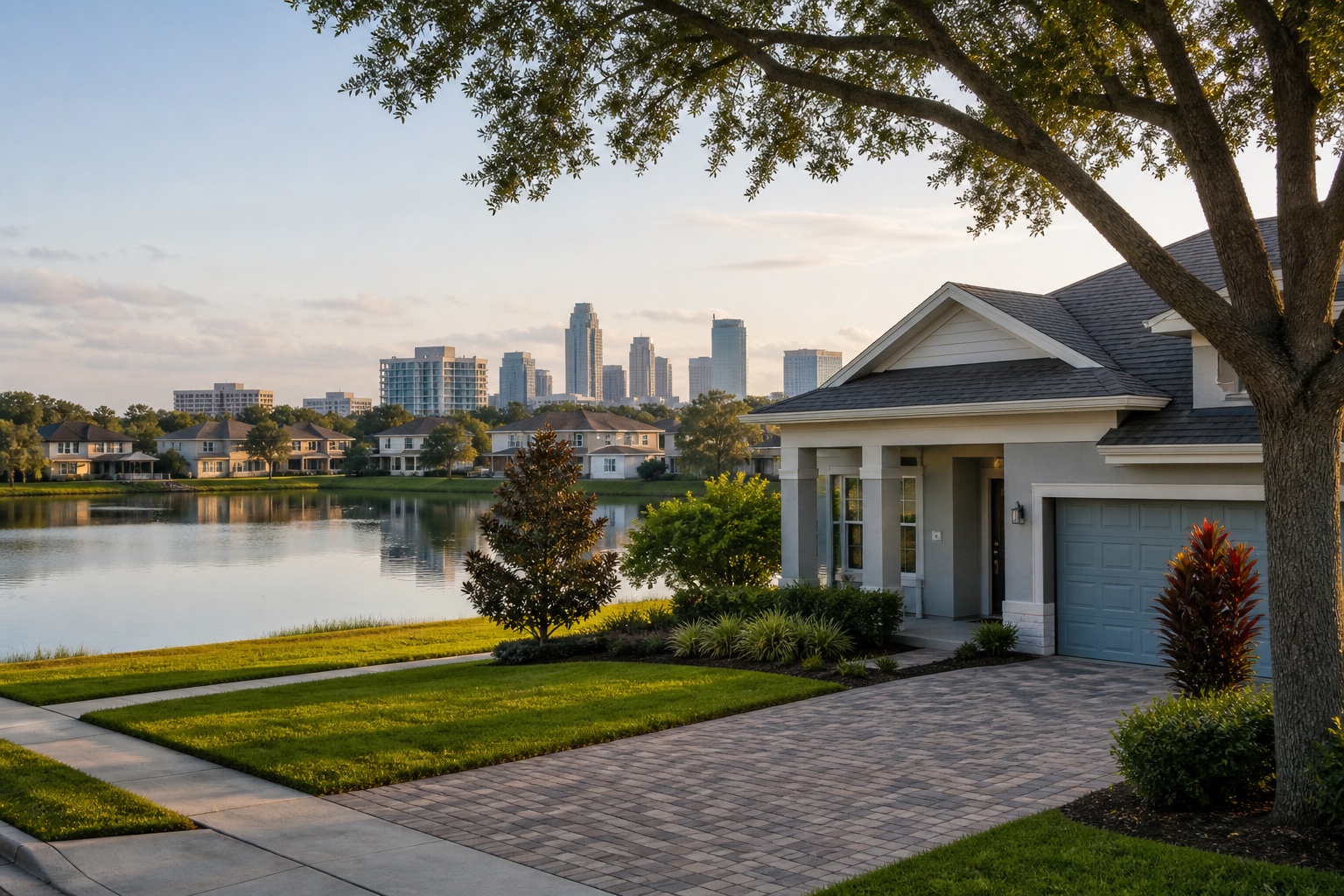 Orlando Housing Market 2026 – Buyer and Seller Guide | Luxury Orlando Homes for Sale | Daniel Wilson Remax Orlando Real Estate Expert Suburban house with a blue garage door beside a calm lake and a distant city skyline on the horizon at golden hour.