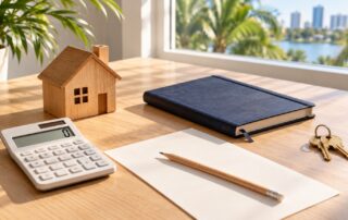 Wooden house model, calculator and keys illustrating an Orlando property taxes guide