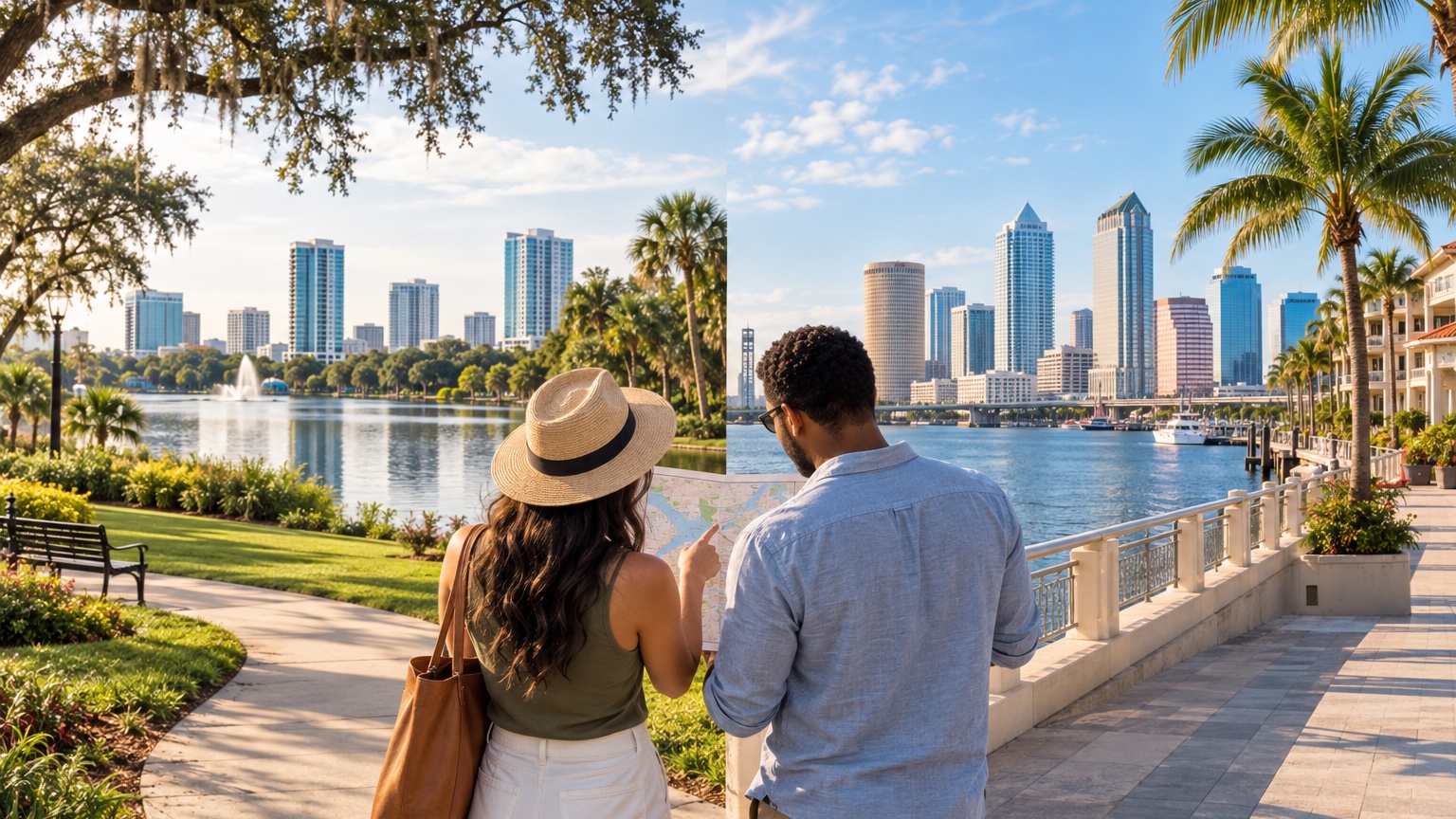 Orlando vs Tampa comparison with an inland city lake and a Tampa Bay waterfront skyline