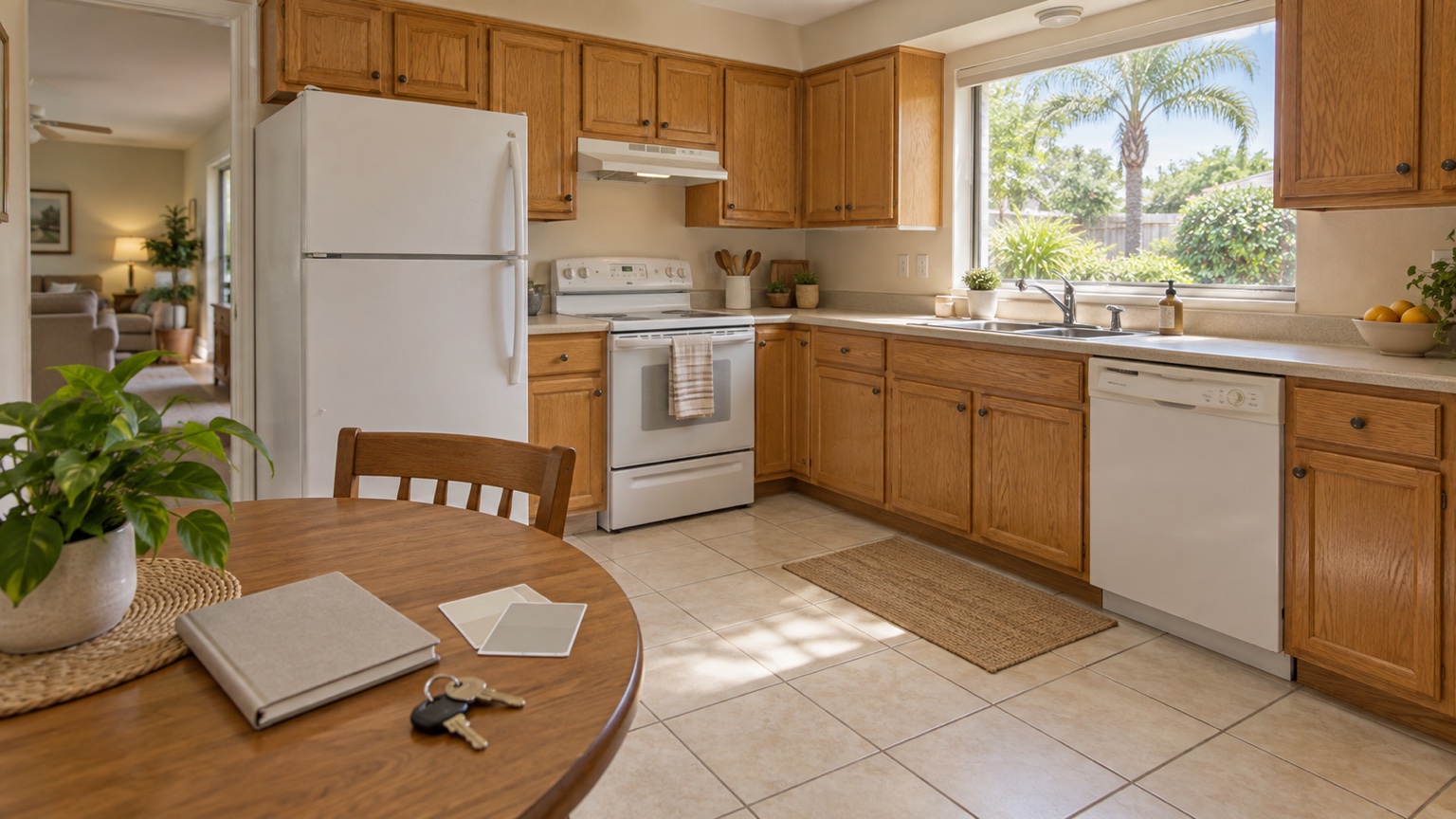 Selling As is in Orlando — Home Preparation Guide | Luxury Orlando Homes for Sale | Daniel Wilson Remax Orlando Real Estate Expert Oak-cabinet kitchen with keys and paint samples, illustrating selling as is in Orlando