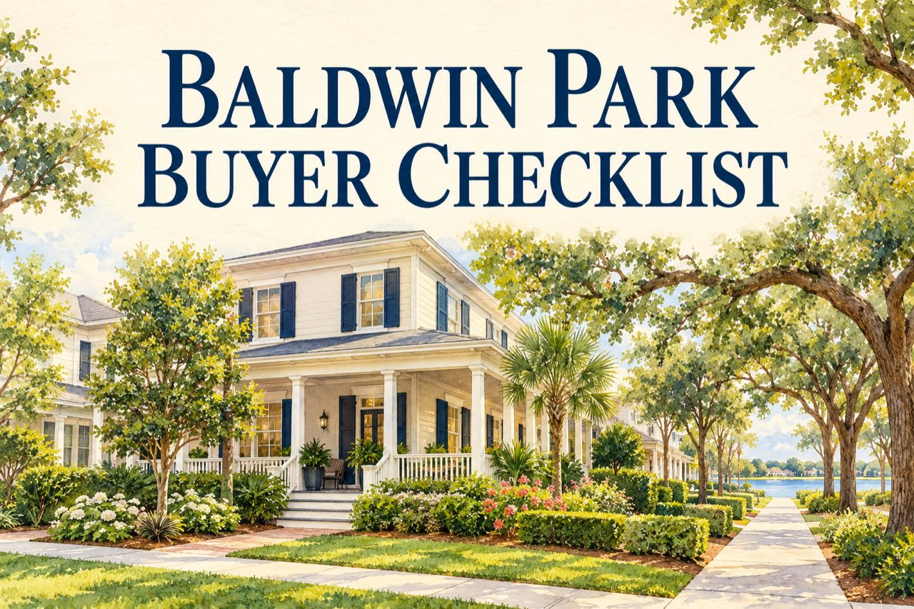 Baldwin Park buyer checklist watercolor illustration of a fictional porch home and tree-lined sidewalk.