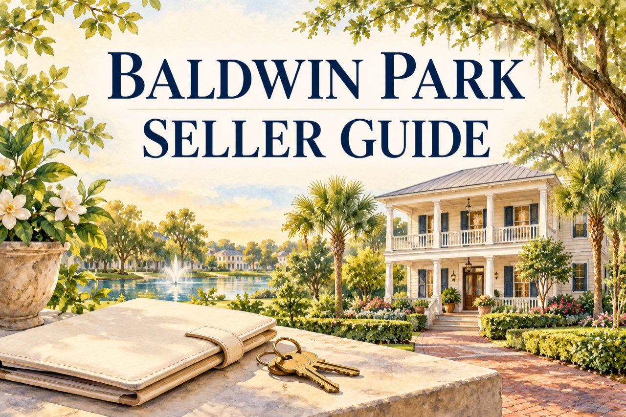 Baldwin Park seller guide watercolor illustration of a planning folio, keys and a fictional Florida home.