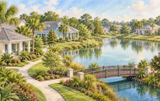 Illustrated homes, pond and walking paths for a CDD fees in Orlando guide