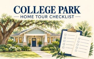 College Park home tour checklist illustration with a bungalow and comparison sheets.