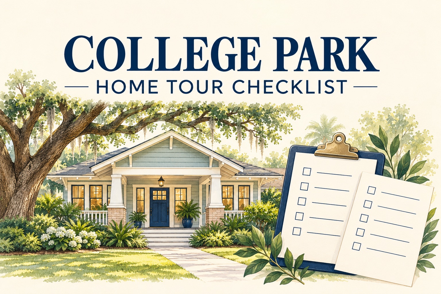 College Park home tour checklist illustration with a bungalow and comparison sheets.