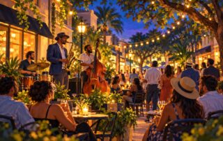 Illustration of a neighborhood jazz evening for a College Park JazzFest 2026 guide