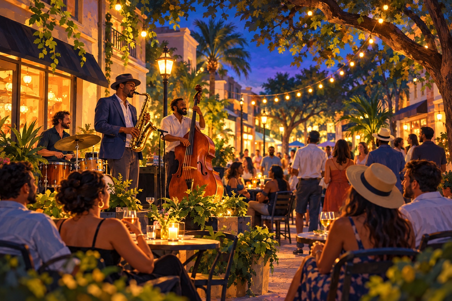 Illustration of a neighborhood jazz evening for a College Park JazzFest 2026 guide