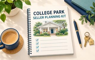 Illustration of a College Park seller planning kit with a bungalow drawing, checklist, pen and home keys.