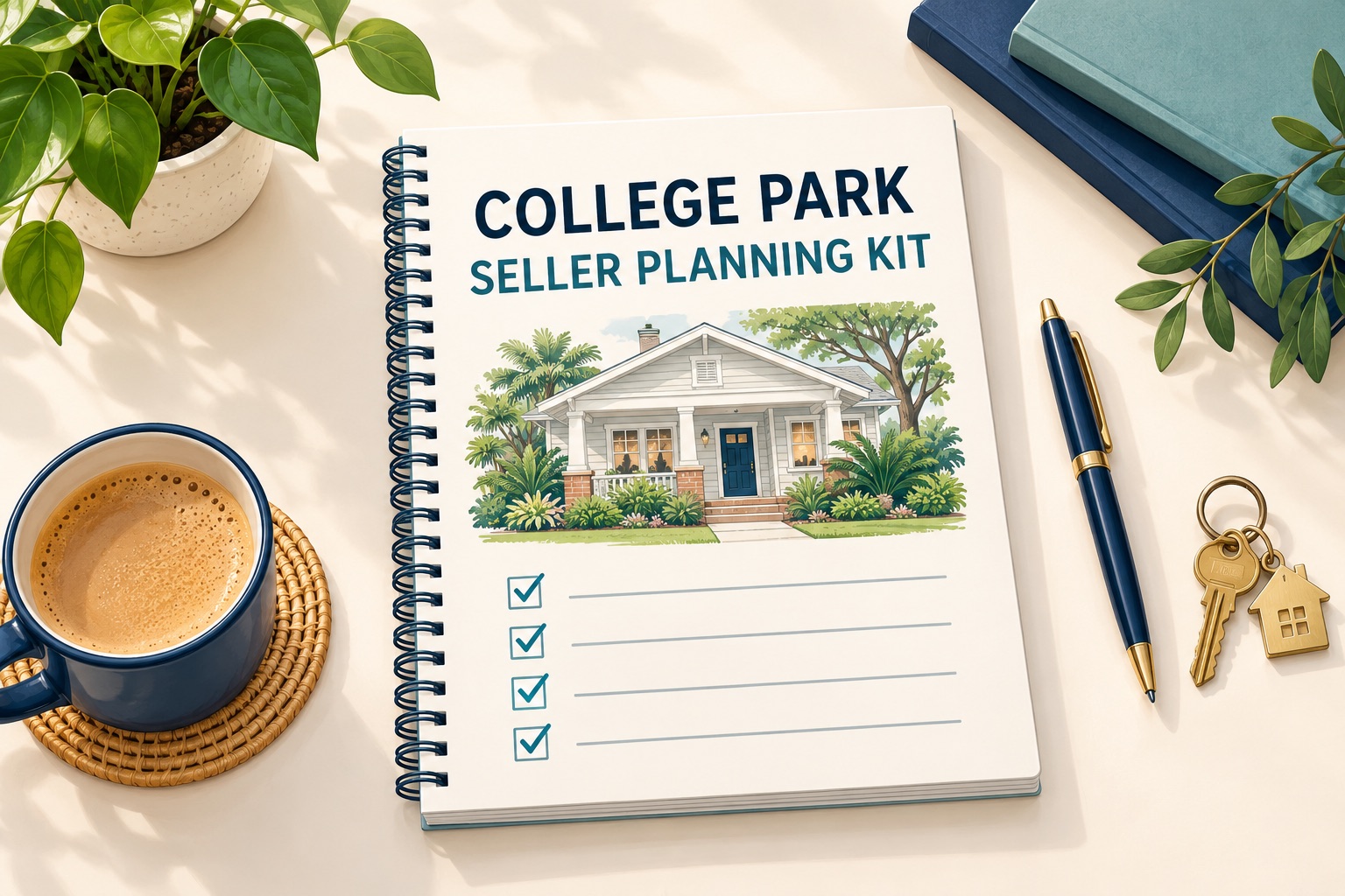 Illustration of a College Park seller planning kit with a bungalow drawing, checklist, pen and home keys.