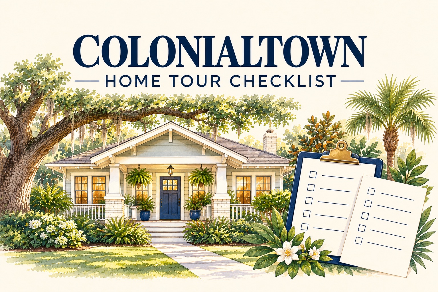 AI-generated Florida bungalow, live oak and comparison sheets for the Colonialtown home tour checklist.
