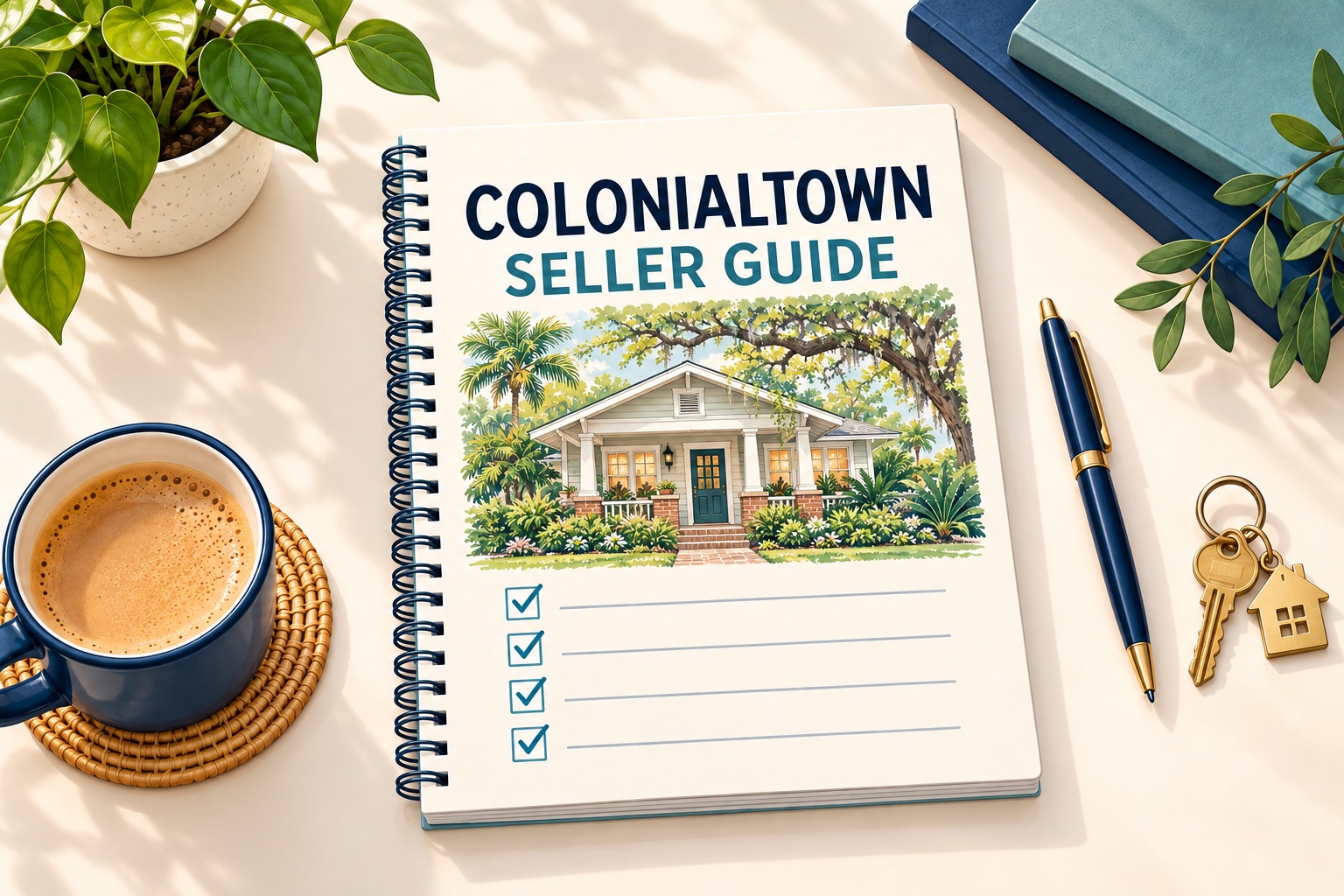 AI-generated Colonialtown seller guide cover with an illustrated bungalow on a notebook, coffee and house keys.