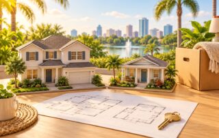 House models, floor plans and moving box illustrating downsizing in Orlando.