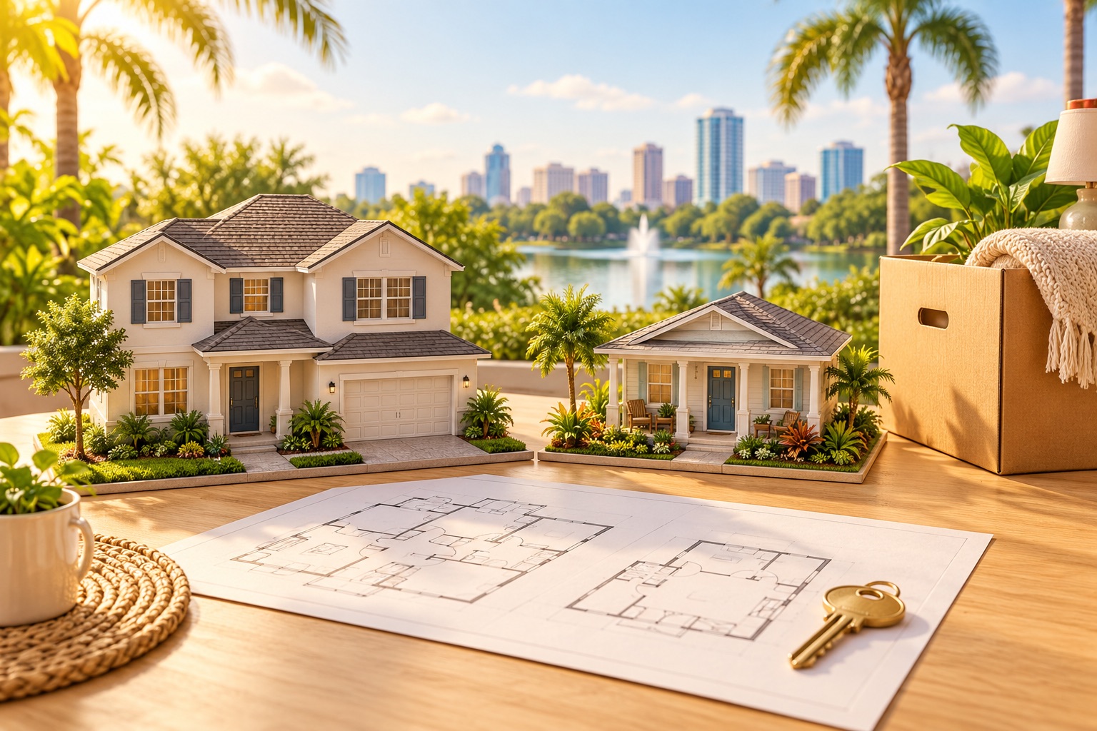 House models, floor plans and moving box illustrating downsizing in Orlando.