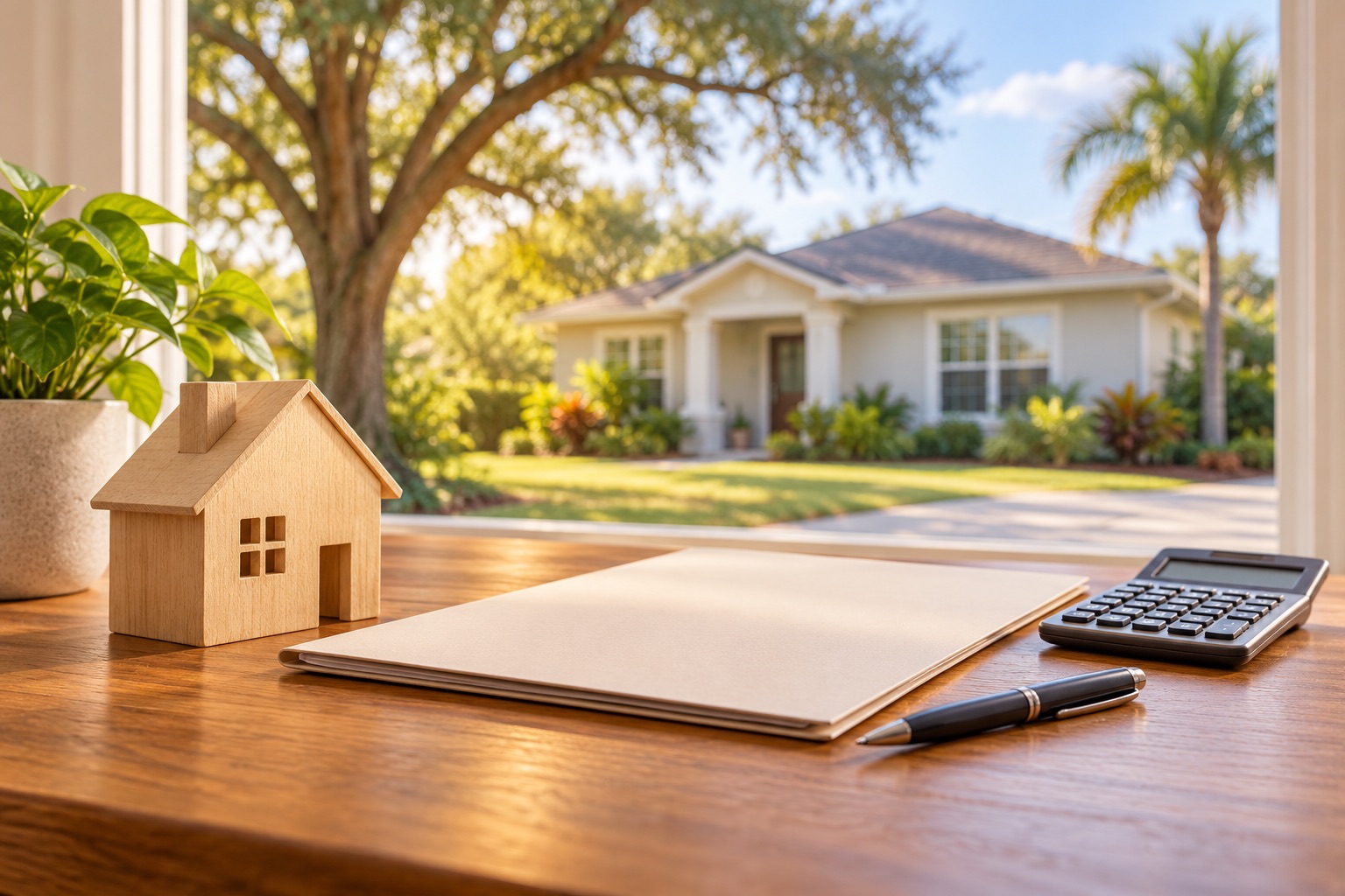 Wooden house, folder and calculator illustrating a guide to earnest money in Orlando.