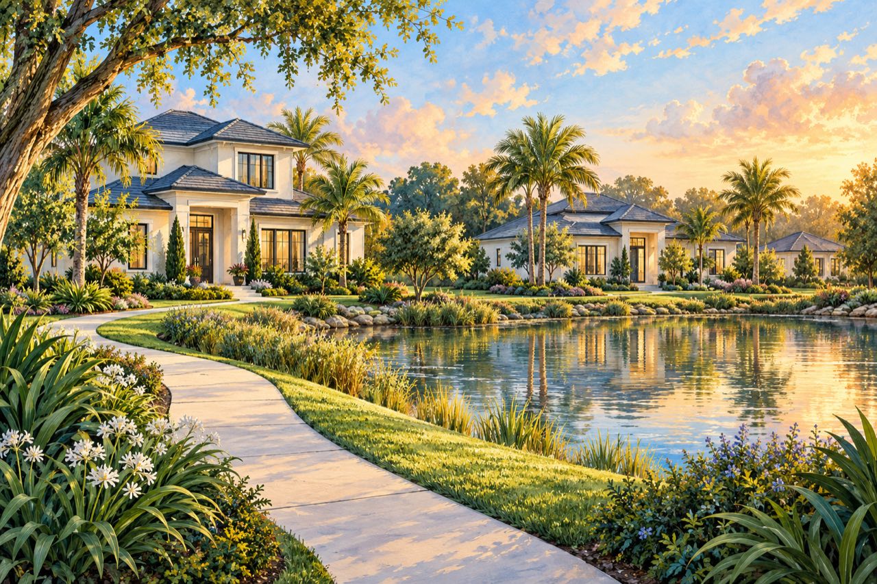 Lake Nona home buying checklist editorial illustration of fictional contemporary Florida homes beside landscaped water.