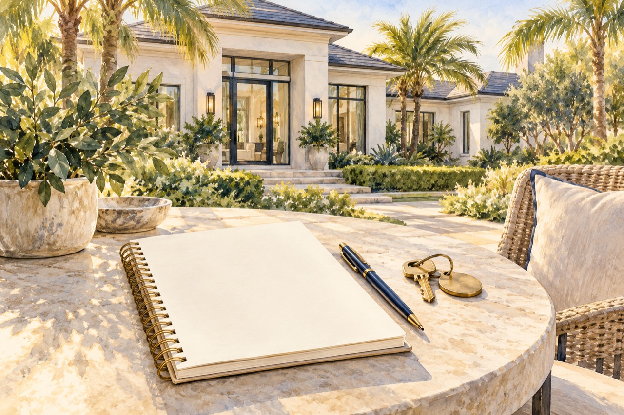 Lake Nona seller guide editorial illustration of a notebook and home keys with a fictional Florida home and garden.