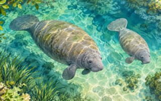 Illustration of two manatees in clear spring water for a manatees near Orlando guide