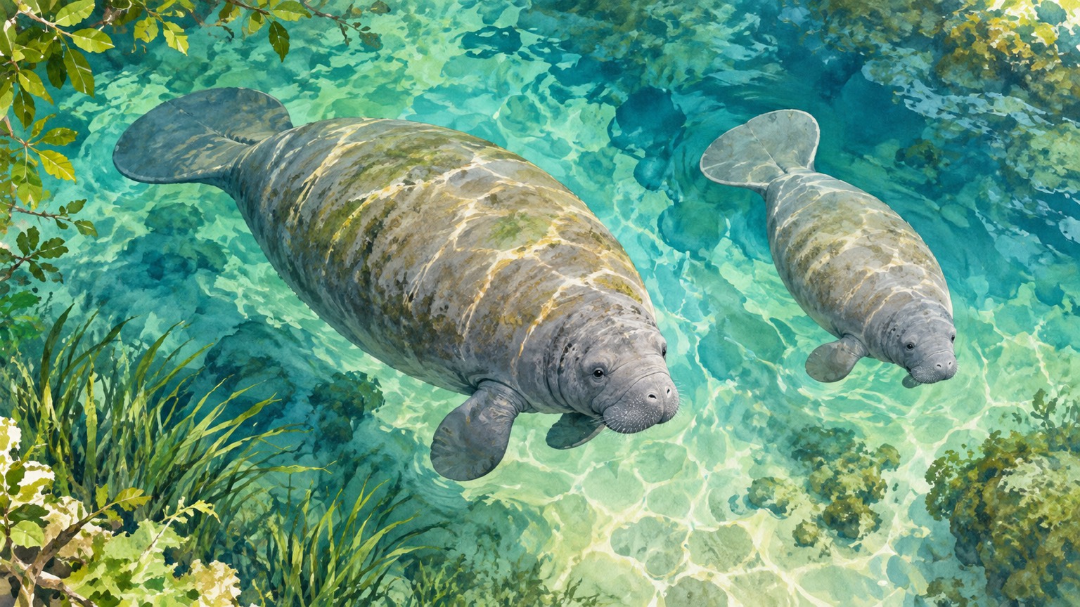 Illustration of two manatees in clear spring water for a manatees near Orlando guide