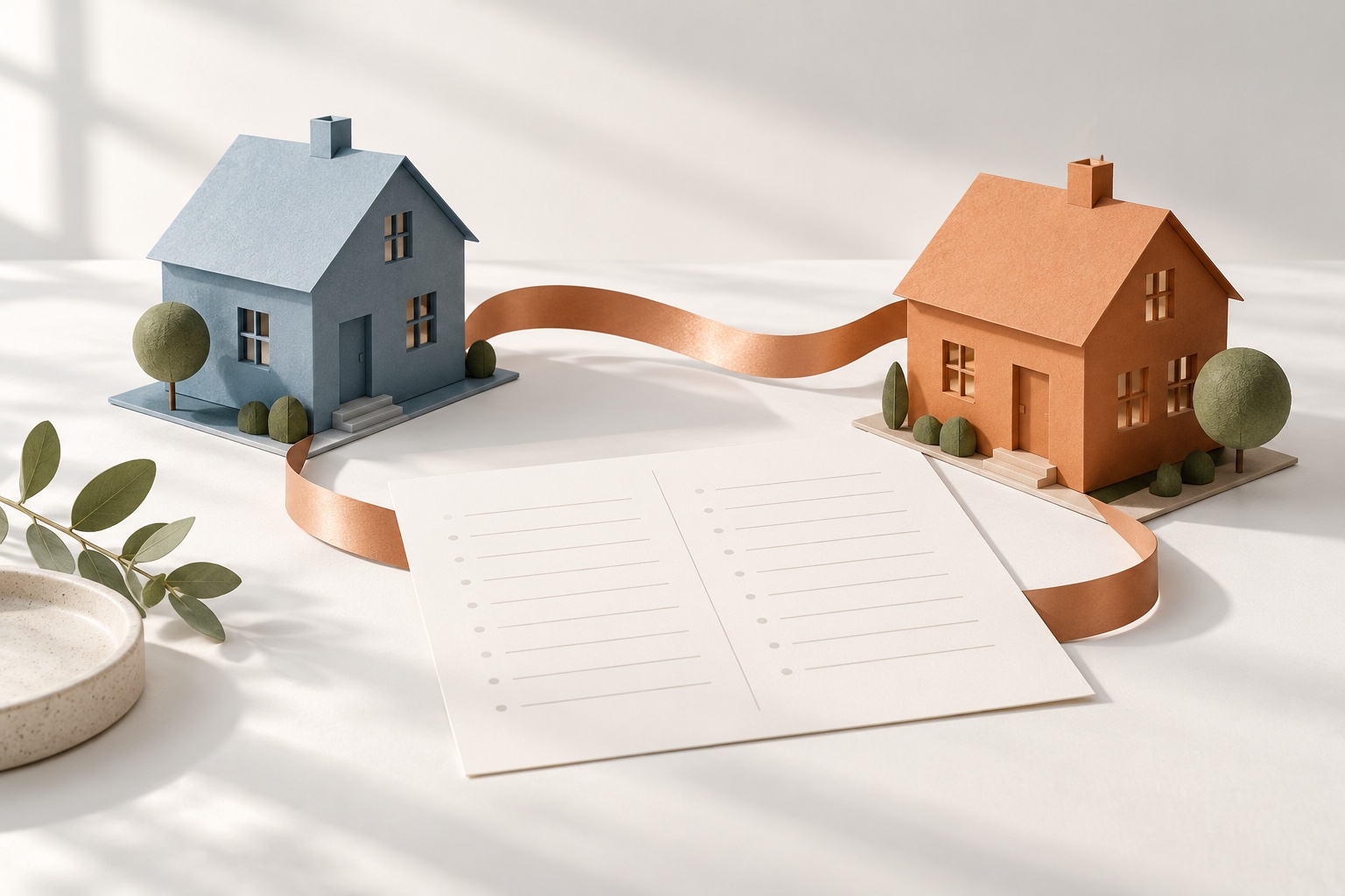 Blue and copper paper house models connected by a ribbon beside a planning worksheet