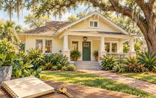 Illustrated bungalow with a shaded front porch, notebook and keys for a guide to older homes in Orlando