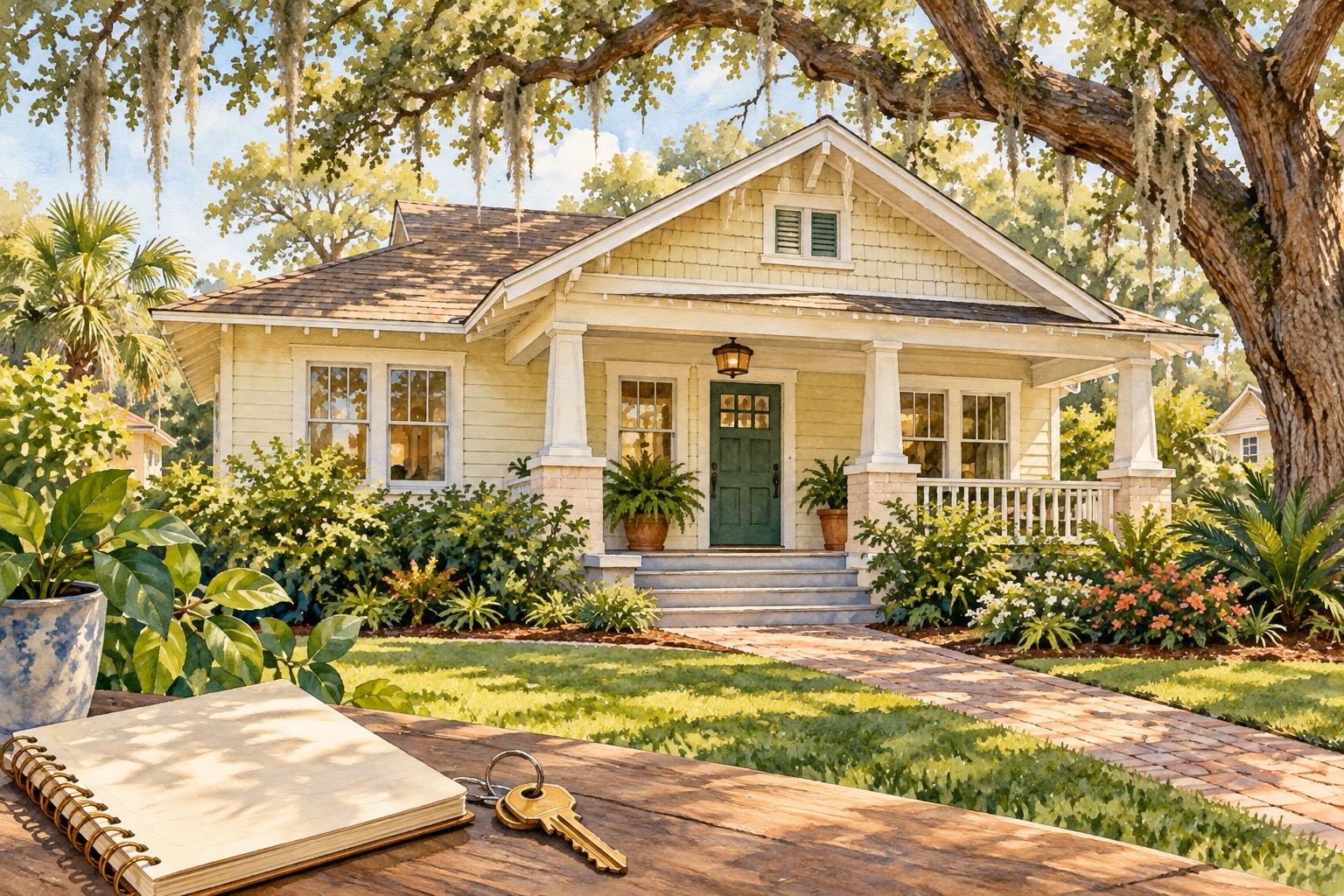 Illustrated bungalow with a shaded front porch, notebook and keys for a guide to older homes in Orlando