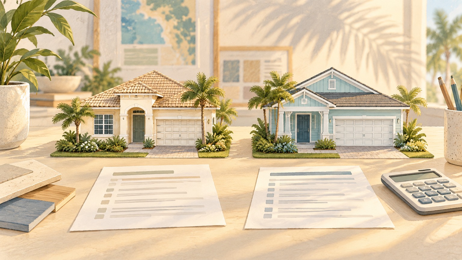 Illustrated model homes and comparison sheets for an Orlando builder incentives guide
