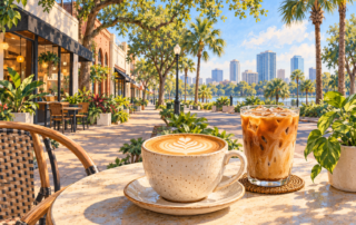 Editorial illustration of Orlando coffee shops, with a latte and iced coffee beside a leafy neighborhood café.