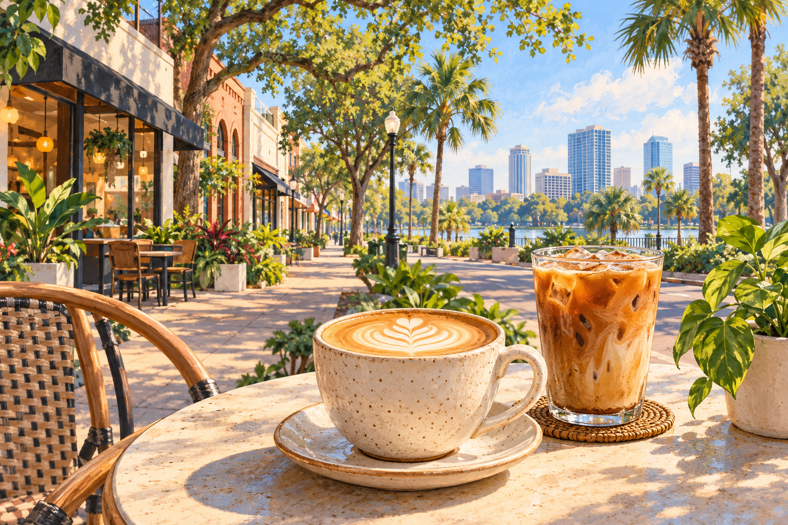Orlando Coffee Shops — Neighborhood Coffee Illustration Editorial illustration of Orlando coffee shops, with a latte and iced coffee beside a leafy neighborhood café.