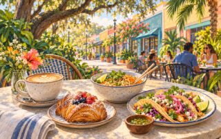 Illustration for Orlando foodie neighborhoods showing coffee, a pastry, noodles and tacos on a shaded cafe patio.