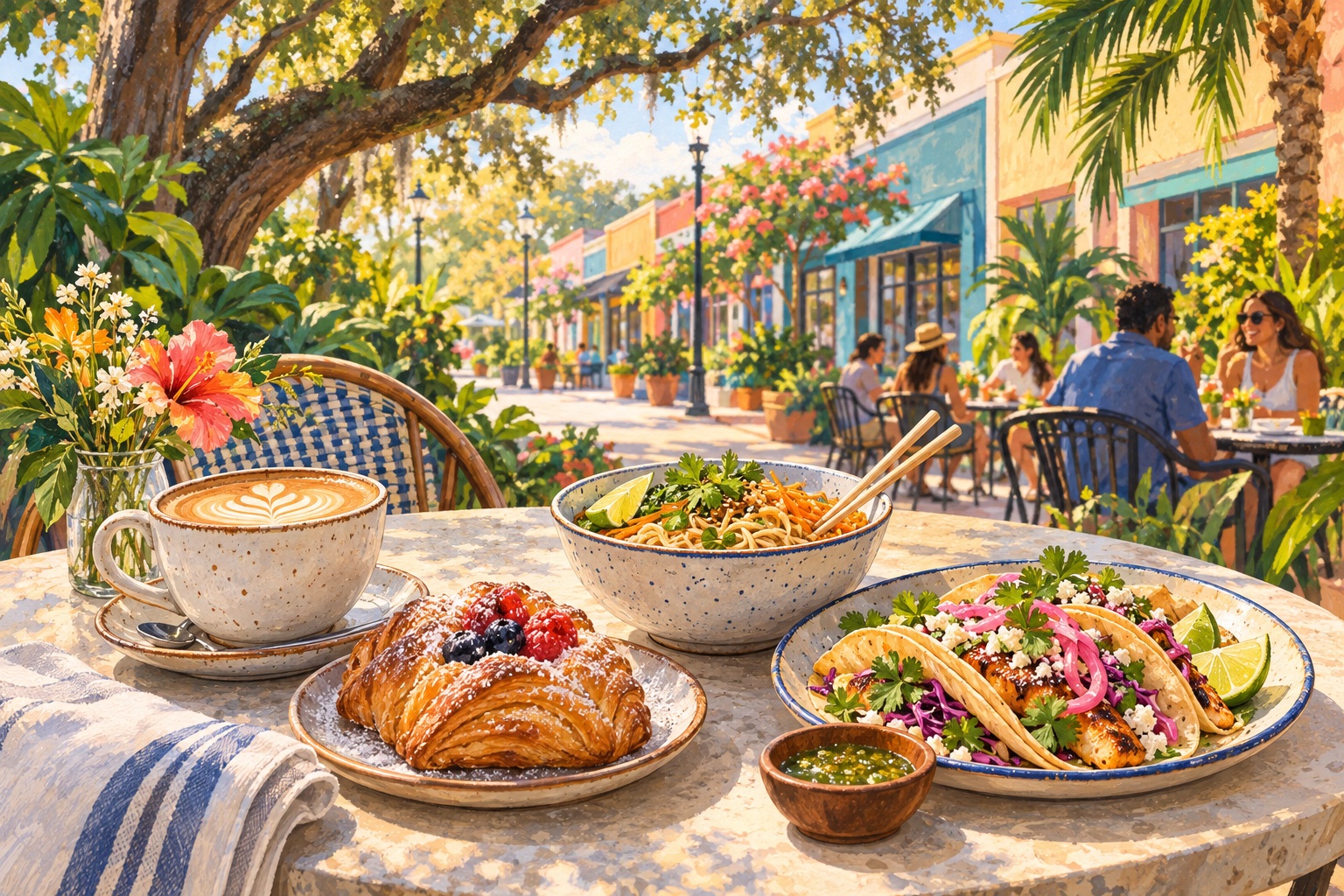 Illustration for Orlando foodie neighborhoods showing coffee, a pastry, noodles and tacos on a shaded cafe patio.
