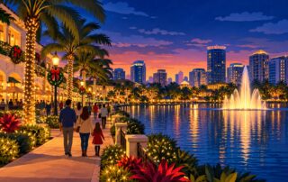 Orlando holiday events illustration with glowing lights, palm trees and a lakeside promenade.