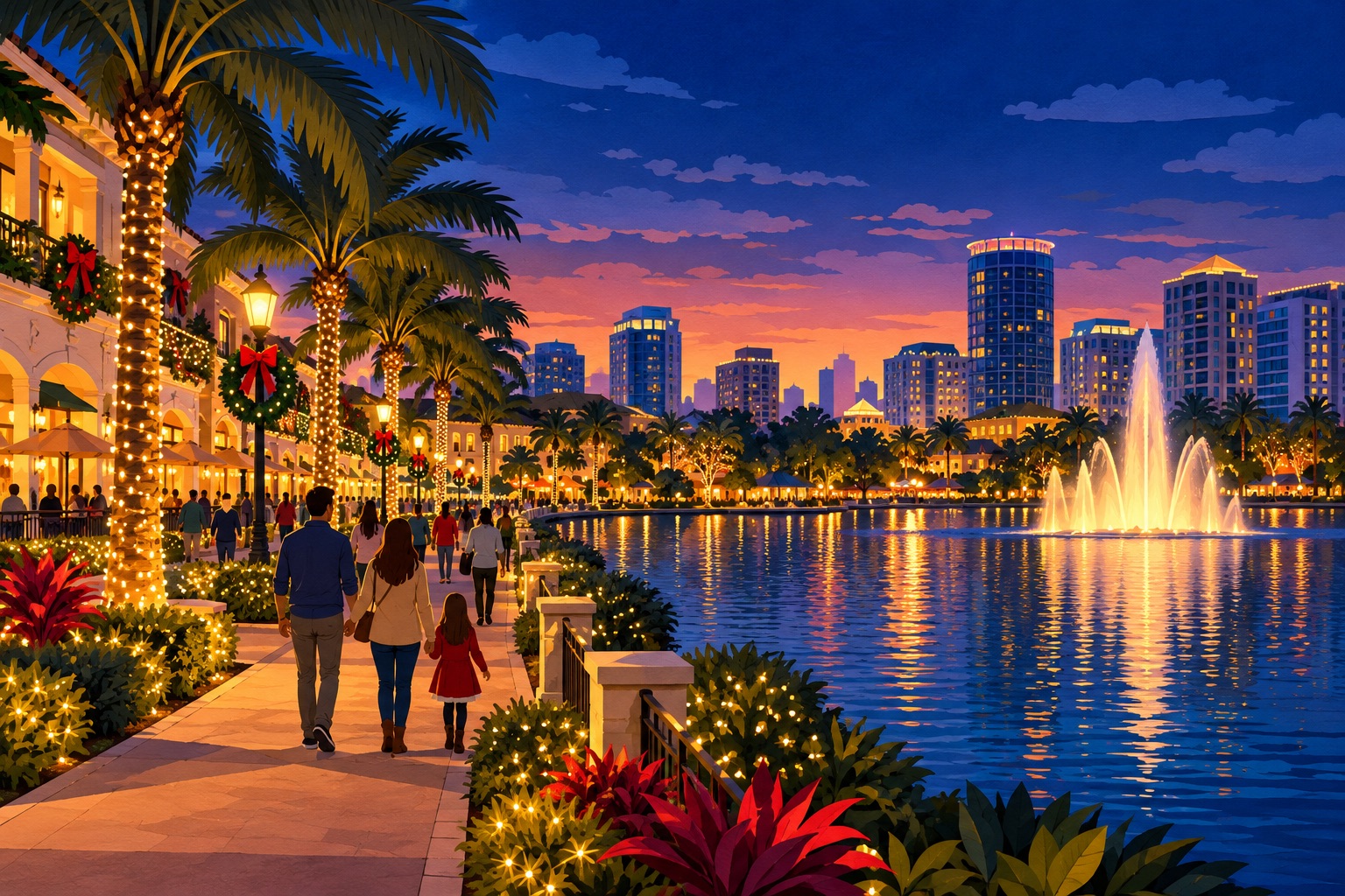 Orlando Holiday Events — Central Florida Holiday Illustration Orlando holiday events illustration with glowing lights, palm trees and a lakeside promenade.
