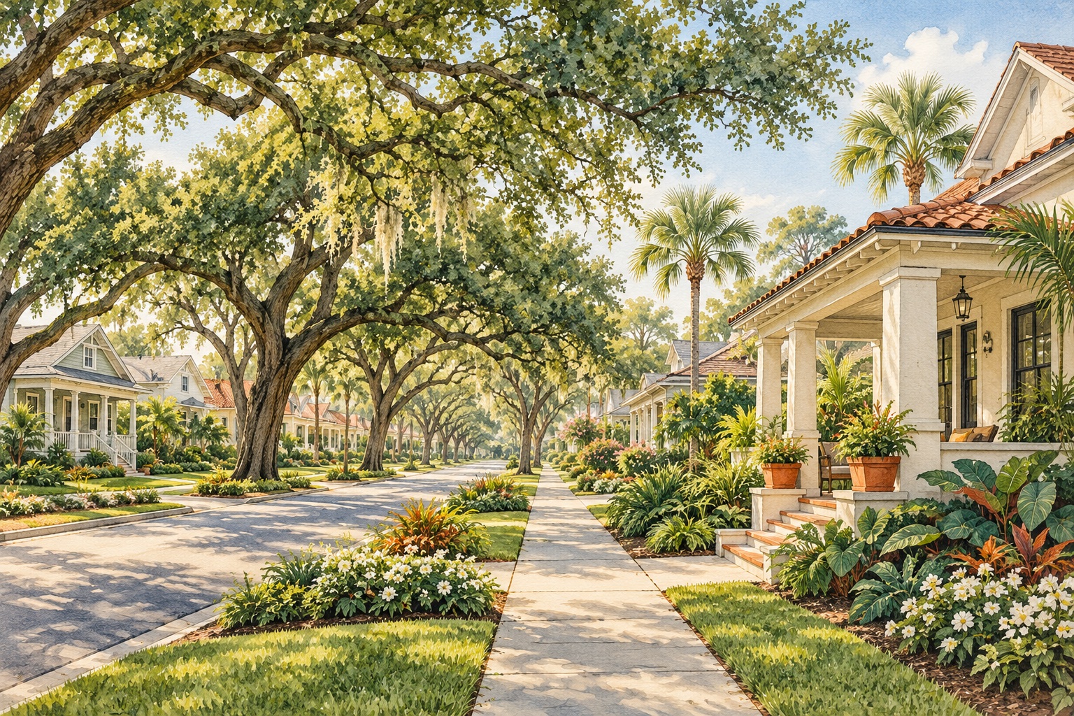 Orlando home buyer guide illustration of a shaded Florida street with porch-front homes and palms