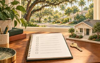 Notebook, house key and model home illustrating an Orlando home buying timeline