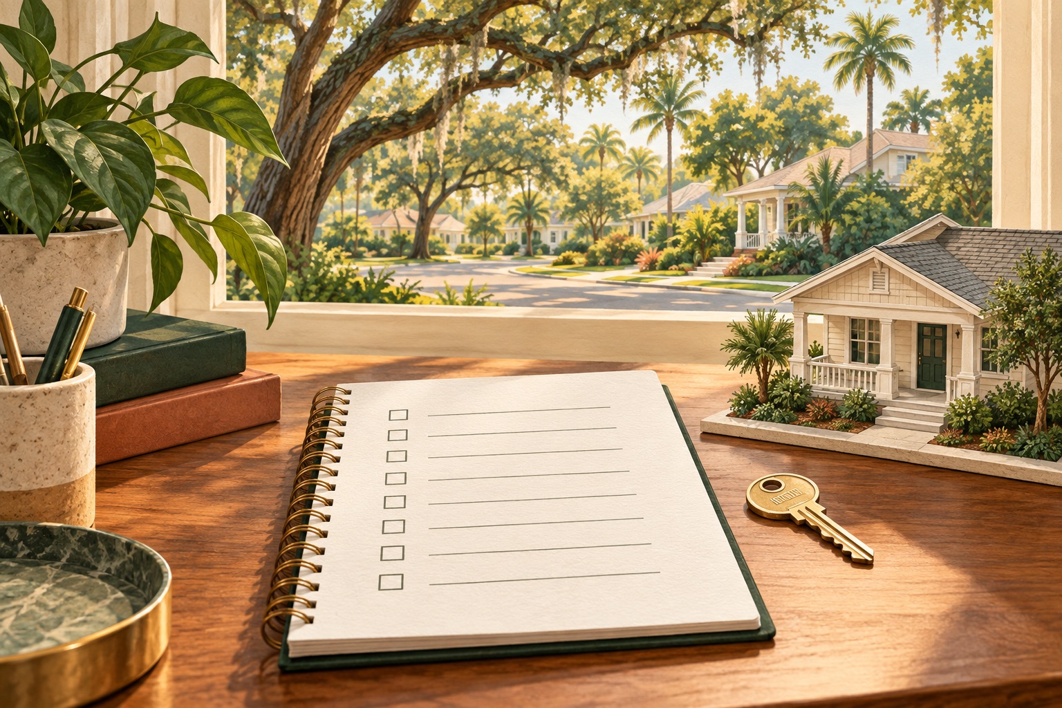 Notebook, house key and model home illustrating an Orlando home buying timeline