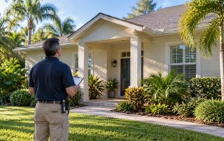 Inspector with a clipboard outside a Florida bungalow, illustrating an Orlando home inspection.