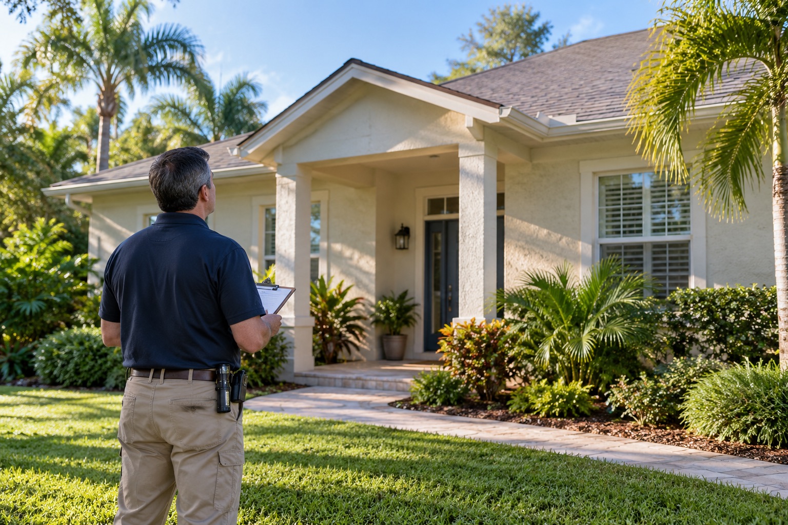 Inspector with a clipboard outside a Florida bungalow, illustrating an Orlando home inspection.