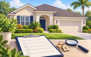 Editorial illustration for an Orlando home insurance checklist, showing a Florida house, checklist, keys and magnifying glass.